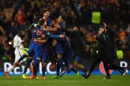 BARCELONA, SPAIN - MARCH 08: Lionel Messi,Sergio Roberto and Luis Suarez of Barcelona celebrate on the final whistle during the UEFA Champions League Round of 16 second leg match between FC Barcelona and Paris Saint-Germain at Camp Nou on March 8, 2017 in Barcelona, Spain. (Photo by Laurence Griffiths/Getty Images)