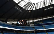MANCHESTER, ENGLAND - FEBRUARY 06: Manchester City's incoming manager Pep Guardiola is displayed on the screen prior to the Barclays Premier League match between Manchester City and Leicester City at the Etihad Stadium on February 6, 2016 in Manchester, England. (Photo by Michael Regan/Getty Images)