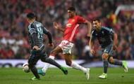 MANCHESTER, ENGLAND - MAY 11: Marcus Rashford of Manchester United runs at Facundo Roncaglia of Celta Vigo during the UEFA Europa League, semi final second leg match, between Manchester United and Celta Vigo at Old Trafford on May 11, 2017 in Manchester, United Kingdom. (Photo by Gareth Copley/Getty Images)