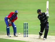LONDON - SEPTEMBER 10: Top scorer Clayton Lambert of USA holes out to Chris Cairns as Brendon McCullum of New Zealand looks on during the ICC Champions Trophy match between New Zealand and USA on September 10, 2004 at the Oval, London. (Photo by Mike Hewitt/Getty Images)
