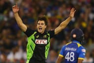 MELBOURNE, AUSTRALIA - FEBRUARY 17: Pat Cummins of Australia celebrates the wicket of Uvula Tharanga of Sri Lanka walks out to bat during the first International Twenty20 match between Australia and Sri Lanka at Melbourne Cricket Ground on February 17, 2017 in Melbourne, Australia. (Photo by Michael Dodge/Getty Images)