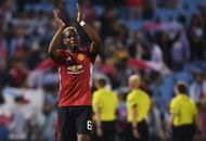 VIGO, SPAIN - MAY 04: Paul Pogba of Manchester United celebrates victory after the UEFA Europa League semi final, first leg match between Celta Vigo and Manchester United at the Estadio Balaidos on May 4, 2017 in Vigo, Spain. (Photo by David Ramos/Getty Images)