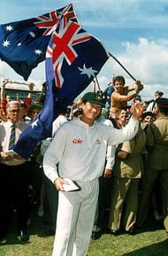 KINGSTON, JAMAICA - MAY 3: Steve Waugh of Australia celebrates after being named the Man of the Series during the 4th Test Match between the West Indies and Australia May 3, 1995 in Kingston, Jamaica. (Photo by Shaun Botterill/Getty Images)