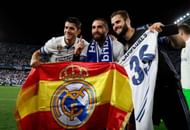 MALAGA, SPAIN - MAY 21: (L-R) Alvaro Morata of Real Madrid, Daniel Carvajal and Nacho Fernandez of Real Madrid celebrate being crowned champions following the La Liga match between Malaga and Real Madrid at La Rosaleda Stadium on May 21, 2017 in Malaga, Spain. (Photo by Gonzalo Arroyo Moreno/Getty Images)