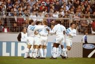 21 Apr 1993: Alen Boksik of Marseille is congratulated by team mates during a Champions League match against Club Brugge KV at the Olympic Stadium in Bruges, Belgium. Marseille won the match 1-0. \ Mandatory Credit: Howard Boylan/Allsport