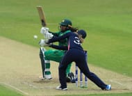 LEICESTER, ENGLAND - JUNE 27: Ayesha Zafar of Pakistan bats during the Women's ICC World Cup group match between England and Pakistan at Grace Road on June 27, 2017 in Leicester, England. (Photo by Richard Heathcote/Getty Images)