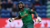CARDIFF, WALES - JUNE 09: Bangladesh batsman Mohammad Mahmudullah celebrates after hitting the winning runs during the ICC Champions Trophy match between New Zealand and Bangladesh at SWALEC Stadium on June 9, 2017 in Cardiff, Wales. (Photo by Stu Forster/Getty Images)