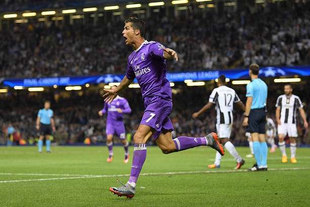 CARDIFF, WALES - JUNE 03:  Cristiano Ronaldo of Real Madrid celebrates scoring his sides third goal  during the UEFA Champions League Final between Juventus and Real Madrid at National Stadium of Wales on June 3, 2017 in Cardiff, Wales.  (Photo by Matthias Hangst/Getty Images)