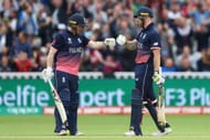 BIRMINGHAM, ENGLAND - JUNE 10: Eoin Morgan (L) and Ben Stokes of England during the fourth wicket stand during the ICC Champions Trophy match between England and Australia at Edgbaston on June 10, 2017 in Birmingham, England. (Photo by Michael Steele/Getty Images)
