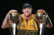SYDNEY, AUSTRALIA - FEBRUARY 27: Glenn McGrath of Australia poses with the 1999 and 2003 World Cup trophies during the Australian Cricket team World Cup portrait session at The Hilton Hotel February 27, 2007 in Sydney, Australia. (Photo by Mark Nolan/Getty Images)