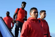 STOCKHOLM, SWEDEN - MAY 23: In this handout image provided by UEFA, Chris Smalling of Manchester United arrives ahead of the UEFA Europa League Final between Ajax and Manchester United at Stockholm Arlanda Airport on May 23, 2017 in Stockholm, Sweden. (Photo by Handout/UEFA via Getty Images)