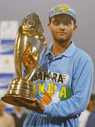 LAHORE, PAKISTAN - MARCH 24 : Indian captain Sourav Ganguly holds the winners trophy aloft after the fifth Pakistan v India one-day international match played at the Gadaffi Stadium on March 24, 2004 in Lahore, Pakistan. India won the match by 40 runs to win the series 3-2. (Photo by Scott Barbour/Getty Images)