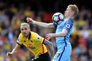 WATFORD, ENGLAND - MAY 21: Kevin De Bruyne of Manchester City controls the ball while under pressure from Valon Behrami of Watford during the Premier League match between Watford and Manchester City at Vicarage Road on May 21, 2017 in Watford, England. (Photo by Richard Heathcote/Getty Images)