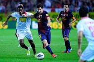 SEVILLE, SPAIN - SEPTEMBER 29: Leo Messi (R) of FC Barcelona runs for the ball with Geoffrey Kondogbia (L) of Sevilla FC during the La Liga match between Sevilla FC and FC Barcelona at Estadio Ramon Sanchez Pizjuan on September 29, 2012 in Seville, Spain. (Photo by Gonzalo Arroyo Moreno/Getty Images)
