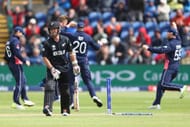 CARDIFF, WALES - JUNE 06: Luke Ronchi of New Zealand walks after being bowled for a golden duck by Jake Ball during the ICC Champions Trophy match between England and New Zealand at the SWALEC Stadium on June 6, 2017 in Cardiff, Wales. (Photo by Michael Steele/Getty Images)
