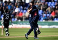 CARDIFF, WALES - JUNE 06: Mark Wood of England celebrates with Jason Roy after dismissing Kane Williamson of New Zealand during the ICC Champions Trophy match between England v New Zealand at SWALEC Stadium on June 6, 2017 in Cardiff, Wales. (Photo by Gareth Copley/Getty Images)