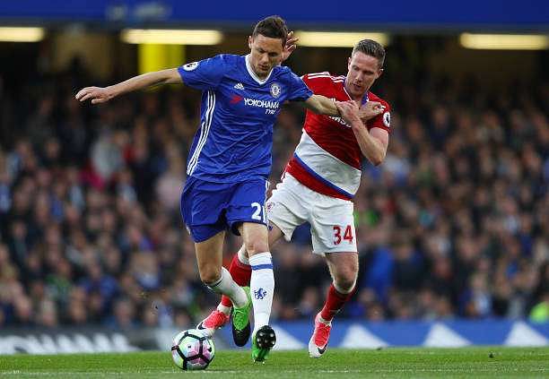 LONDON, ENGLAND - MAY 08: Nemanja Matic of Chelsea and Adam Forshaw of Middlesbrough during the Premier League match between Chelsea and Middlesbrough at Stamford Bridge on May 8, 2017 in London, England. (Photo by Ian Walton/Getty Images)