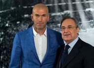 MADRID, SPAIN - JANUARY 04: Real Madrid CF president Florentino Perez (R) poses for a picture with Zinedine Zidane (L) as new Real Madrid head coach at Santiago Bernabeu Stadium on January 4, 2016 in Madrid, Spain. (Photo by Gonzalo Arroyo Moreno/Getty Images)