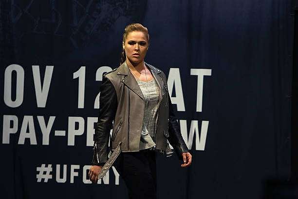 NEW YORK, NY - NOVEMBER 11:  Ronda Rousey walks on stage for her face off with UFC Women&#039;s Bantamweight Champion Amanda Nunes after UFC 205 Weigh-ins in preparation for their UFC 207 fight that will take place on December 30, 2016 at Madison Square Garden on November 11, 2016 in New York City.  (Photo by Michael Reaves/Getty Images)