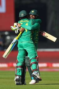 CARDIFF, WALES - JUNE 12: Sarfraz Ahmed (L) of Pakistan celebrates with Mohammad Amir (R) after hitting the winning runs and victory by 3 wickets during the ICC Champions Trophy match between Sri Lanka and Pakistan at the SWALEC Stadium on June 12, 2017 in Cardiff, Wales. (Photo by Michael Steele/Getty Images)