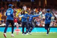ADELAIDE, AUSTRALIA - FEBRUARY 22: Seekkuge Prasanna of Sri Lanka celebrates after getting the wicket of Aaron Finch of Australia during the International Twenty20 match between Australia and Sri Lanka at Adelaide Oval on February 22, 2017 in Adelaide, Australia. (Photo by Morne de Klerk/Getty Images)