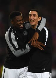 BARCELONA, SPAIN - MARCH 08: Serge Aurier (L) and Angel Di Maria of PSG joke prior to the UEFA Champions League Round of 16 second leg match between FC Barcelona and Paris Saint-Germain at Camp Nou on March 8, 2017 in Barcelona, Spain. (Photo by Laurence Griffiths/Getty Images)