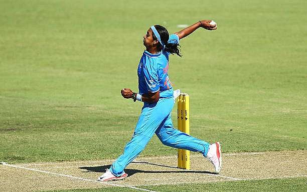 CANBERRA, AUSTRALIA - FEBRUARY 02: Shikha Pandey of India bowls during game one of the Women&#039;s ODI series between Australia and India at Manuka Oval on February 2, 2016 in Canberra, Australia.  (Photo by Mark Nolan/Getty Images)