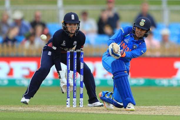 DERBY, ENGLAND - JUNE 24:  Smriti Mandhana of India bats during the England v India group stage match at the ICC Women&#039;s World Cup 2017 at The 3aaa County Ground on June 24, 2017 in Derby, England.  (Photo by Richard Heathcote/Getty Images)