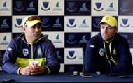 HOVE, ENGLAND - MAY 18: South Africa's one day captain AB de Villiers (R) and Head Coach Russell Domingo (L) chat to the press during the South Africa Arrival Press Conference at The 1st Central County Ground on May 18, 2017 in Hove, England. (Photo by Charlie Crowhurst/Getty Images)