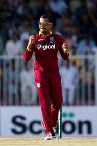 SHARJAH, UNITED ARAB EMIRATES - SEPTEMBER 30: Sunil Narine of West Indies celebrates the wicket of Shoib Malik of Pakistan during the first One Day International match between Pakistan and West Indies at Sharjah Cricket Stadium on September 30, 2016 in Sharjah, United Arab Emirates. (Photo by Francois Nel/Getty Images)