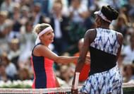 PARIS, FRANCE - JUNE 04: Timea Bacsinszky (L) of Switzerland celebrates victory in her women's singles fourth round match against Venus Williams of the United States during day eight of the French Open at Roland Garros on June 4, 2017 in Paris, France. (Photo by Julian Finney/Getty Images)