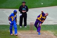 NEW YORK, NY - NOVEMBER 07: Warne's Warriors player Shane Warne bowls during a match in the Cricket All-Stars Series at Citi Field on November 7, 2015 in the Queens Borough of New York City. (Photo by Alex Goodlett/Getty Images)