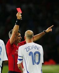 BERLIN - JULY 9: Zinedine Zidane of France is shown a red card by Referee Horacio Elizondo of Argentina during the FIFA World Cup Germany 2006 Final match between Italy and France at the Olympic Stadium on July 9, 2006 in Berlin, Germany. (Photo by Alex Livesey/Getty Images)