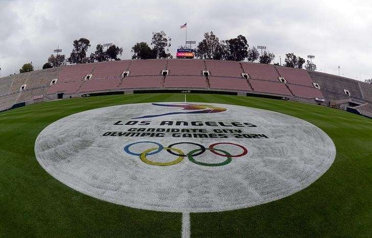 May 10, 2017; Pasadena CA, USA; General overall view of the 2024 Los Angeles Olympics Games logo at midfield of the Rose Bowl. The Rose Bowl is the proposed soccer venue for the LA2024 bid. Mandatory Credit: Kirby Lee-USA TODAY Sports