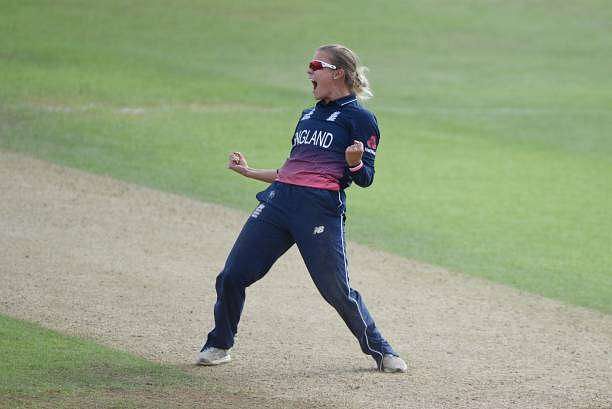 DERBY, ENGLAND - JULY 12: Alex Hartley of England celebrates getting the last wicket of the game during the ICC Women&#039;s World Cup 2017 between England and New Zealand at The 3aaa County Ground on July 12, 2017 in Derby, England. (Photo by Nathan Stirk/Getty Images)