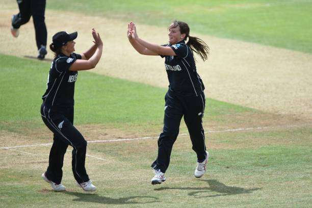 DERBY, ENGLAND - JULY 12: Amelia Kerr celebrates with Suzie Bates of New Zealand during the ICC Women's World Cup 2017 between England and New Zealand at The 3aaa County Ground on July 12, 2017 in Derby, England. (Photo by Nathan Stirk/Getty Images)