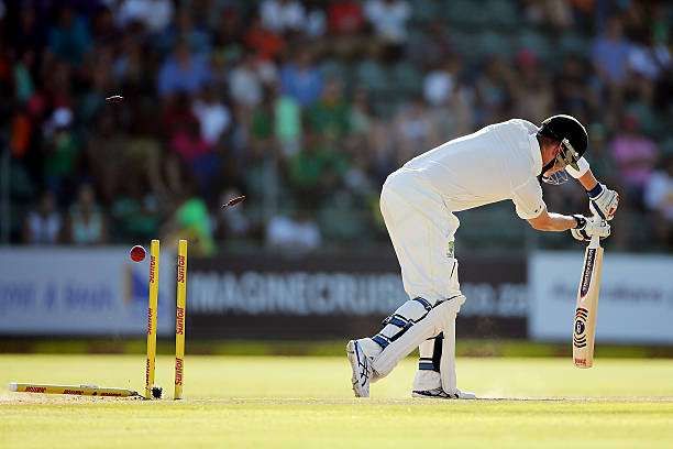 PORT ELIZABETH, SOUTH AFRICA - FEBRUARY 23: Brad Haddin of Australia is bowled out by Dale Steyn of South Africa during day four of the Second Test match between South Africa and Australia at AXXESS St George's Cricket Stadium on February 23, 2014 in Port Elizabeth, South Africa. (Photo by Morne de Klerk/Getty Images)