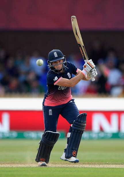 DERBY, ENGLAND - JUNE 24:  England batsman Katherine Brunt hits out during the ICC Women&#039;s World Cup 2017 match between England and India at The 3aaa County Ground on June 24, 2017 in Derby, England.  (Photo by Stu Forster/Getty Images)