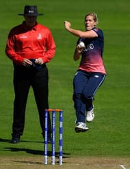 TAUNTON, ENGLAND - JULY 02: England bowler Katherine Brunt in action during the ICC Women's World Cup 2017 match between England and Sri Lanka at The Cooper Associates County Ground on July 2, 2017 in Taunton, England. (Photo by Stu Forster/Getty Images)