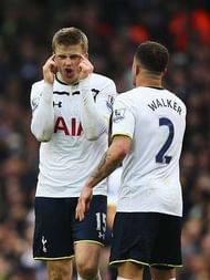 LONDON, ENGLAND - FEBRUARY 07: Eric Dier of Tottenham Hotspur gestures with Kyle Walker of Tottenham Hotspur during the Barclays Premier League match between Tottenham Hotspur and Arsenal at White Hart Lane on February 7, 2015 in London, England. (Photo by Paul Gilham/Getty Images)