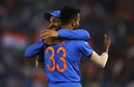 MOHALI, INDIA - MARCH 27: Hardik Pandya and Virat Kohli of India celebrates after Pandya took the wicket of Aaron Finch of Australia during the ICC WT20 India Group 2 match between India and Australia at I.S. Bindra Stadium on March 27, 2016 in Mohali, India. (Photo by Ryan Pierse/Getty Images)