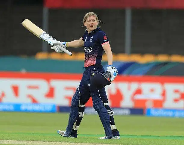 LEICESTER, ENGLAND - JUNE 27: Heather Knight of England celebrates reaching her century during the Women's ICC World Cup group match between England and Pakistan at Grace Road on June 27, 2017 in Leicester, England. (Photo by Richard Heathcote/Getty Images)