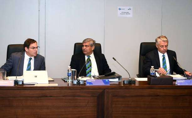 DUBAI, UNITED ARAB EMIRATES - FEBRUARY 04: L-R: Iain Higgins, ICC Cheif Operating Officer and Company Secretary, Shashank Manohar, ICC Chairman and David Richardson, ICC Chief Executive attend ICC Board Meeting on February 4, 2017 in Dubai, United Arab Emirates. (Photo by Tom Dulat/Getty Images)