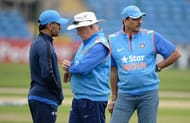 LEEDS, ENGLAND - SEPTEMBER 04: India coach Duncan Fletcher looks at his watch alongside Ravi Shastri and Mahendra Singh Dhoni during a nets session at Headingley on September 4, 2014 in Leeds, England. (Photo by Gareth Copley/Getty Images)