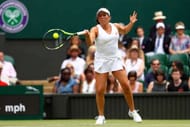 LONDON, ENGLAND - JULY 04: Irina Falconi of the United States plays a forehand during the during the Ladies Singles first round match against Angelique Kerber of Germany on day two of the Wimbledon Lawn Tennis Championships at the All England Lawn Tennis and Croquet Club on July 4, 2017 in London, England. (Photo by Michael Steele/Getty Images)