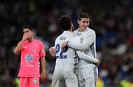MADRID, SPAIN - NOVEMBER 30: James Rodriguez of Real Madrid CF reacts with Isco after Isco narrowly failed to score a goal during the Copa del Rey last of 32 match between Real Madrid and Cultural Leonesa at estadio Santiago Bernabeu on November 30, 2016 in Madrid, Spain. (Photo by Denis Doyle/Getty Images)