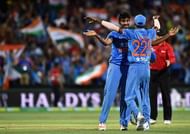 ADELAIDE, AUSTRALIA - JANUARY 26: Jasprit Bumrah of India celebrates with Hardik Pandya of India after taking a catch to dismiss Cameron Boyce of Australia and to win the game for India during game one of the Twenty20 International match between Australia and India at Adelaide Oval on January 26, 2016 in Adelaide, Australia. (Photo by Daniel Kalisz/Getty Images)
