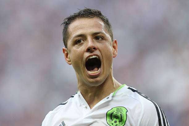 KAZAN, RUSSIA - JUNE 18: Javier Hernandez of Mexico celebrates scoring his sides first goal during the FIFA Confederations Cup Russia 2017 Group A match between Portugal and Mexico at Kazan Arena on June 18, 2017 in Kazan, Russia.  (Photo by Francois Nel/Getty Images)