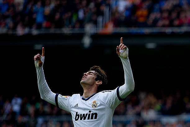 MADRID, SPAIN - APRIL 06: Kaka of Real Madrid CF celebrates scoring their second goal during the La Liga match between Real Madrid CF and Levante UD at Santiago Bernabeu Stadium on April 6, 2013 in Madrid, Spain.  (Photo by Gonzalo Arroyo Moreno/Getty Images)