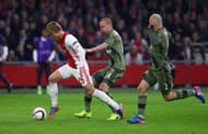 AMSTERDAM, NETHERLANDS - FEBRUARY 23: Kasper Dolberg of Ajax evades Adam Hlousek (14) and Michal Pazdan of Legia Warszawa (2) during the UEFA Europa League Round of 32 second leg match between Ajax Amsterdam and Legia Warszawa at Amsterdam Arena on February 23, 2017 in Amsterdam, Netherlands. (Photo by Dean Mouhtaropoulos/Getty Images)
